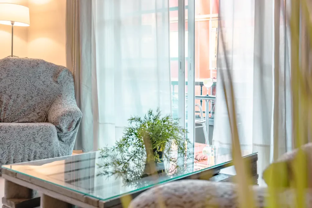 Foto del salón con planta y gintonic al fondo